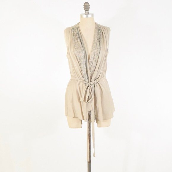Robert Rodriguez Beige Beaded Silk Chiffon Tie-Waist Blouse - Picture 1 of 7